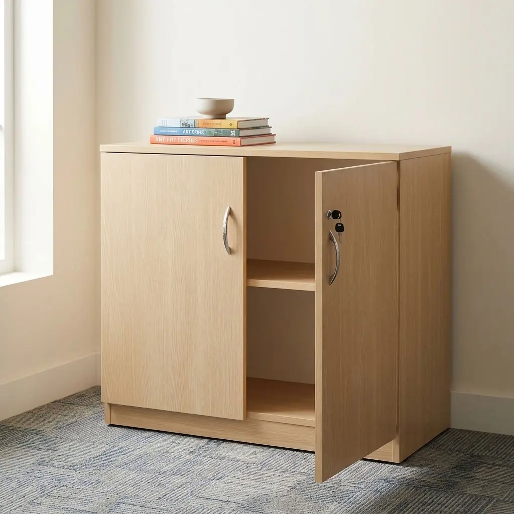Wooden Office Credenza with light wood-look finish, two lockable doors, curved handles and internal shelves for professional office storage.