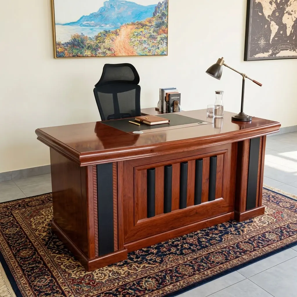 1.6M Director Office Desk with rich wood-look finish, spacious desktop, full modesty panel and contrasting dark decorative front detailing.