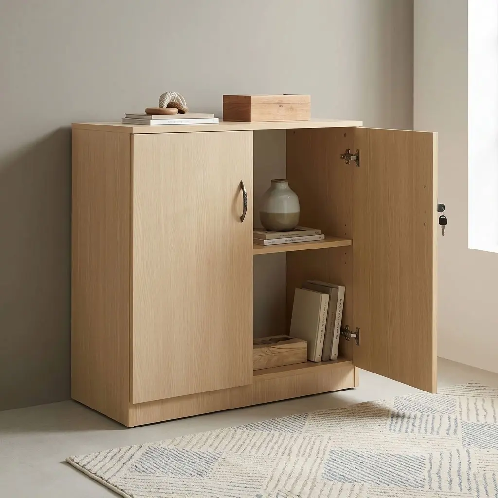 Wooden Office Credenza with light wood-look finish, two lockable doors, curved handles and internal shelves for professional office storage.