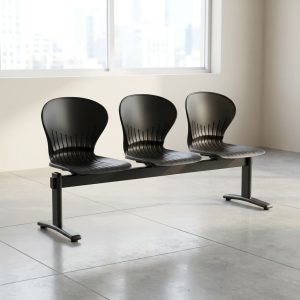 Ergonomic matte black 3-Seater Black Waiting Chair with ventilated polymer shells and a heavy-duty black steel base beam.