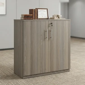 Wooden Office Credenza with light wood-look finish, two lockable doors, curved handles and internal shelves for professional office storage.