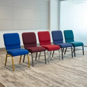 A commercial Multipurpose Stackable Chair featuring an armless design with a square-contoured upholstered backrest and thick seat cushion, supported by a heavy-duty dark gray square metal leg frame with an integrated underlying wire book storage shelf.