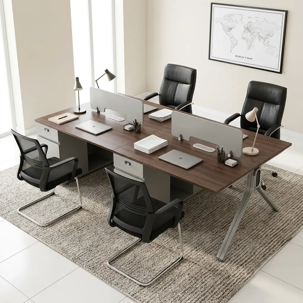 Modular 4-Person Office Workstation with walnut desktops, frosted privacy screens, and light grey under-desk drawers.