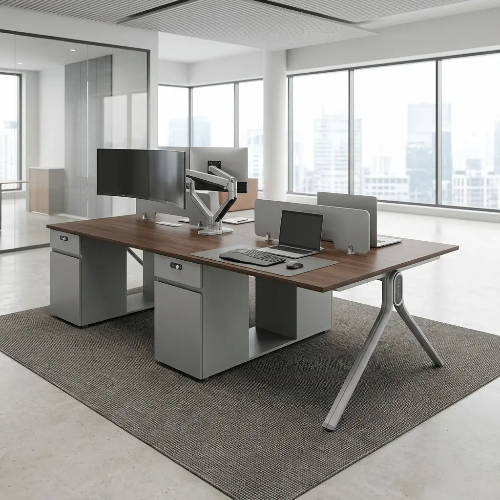 Modular 4-Person Office Workstation with walnut desktops, frosted privacy screens, and light grey under-desk drawers.