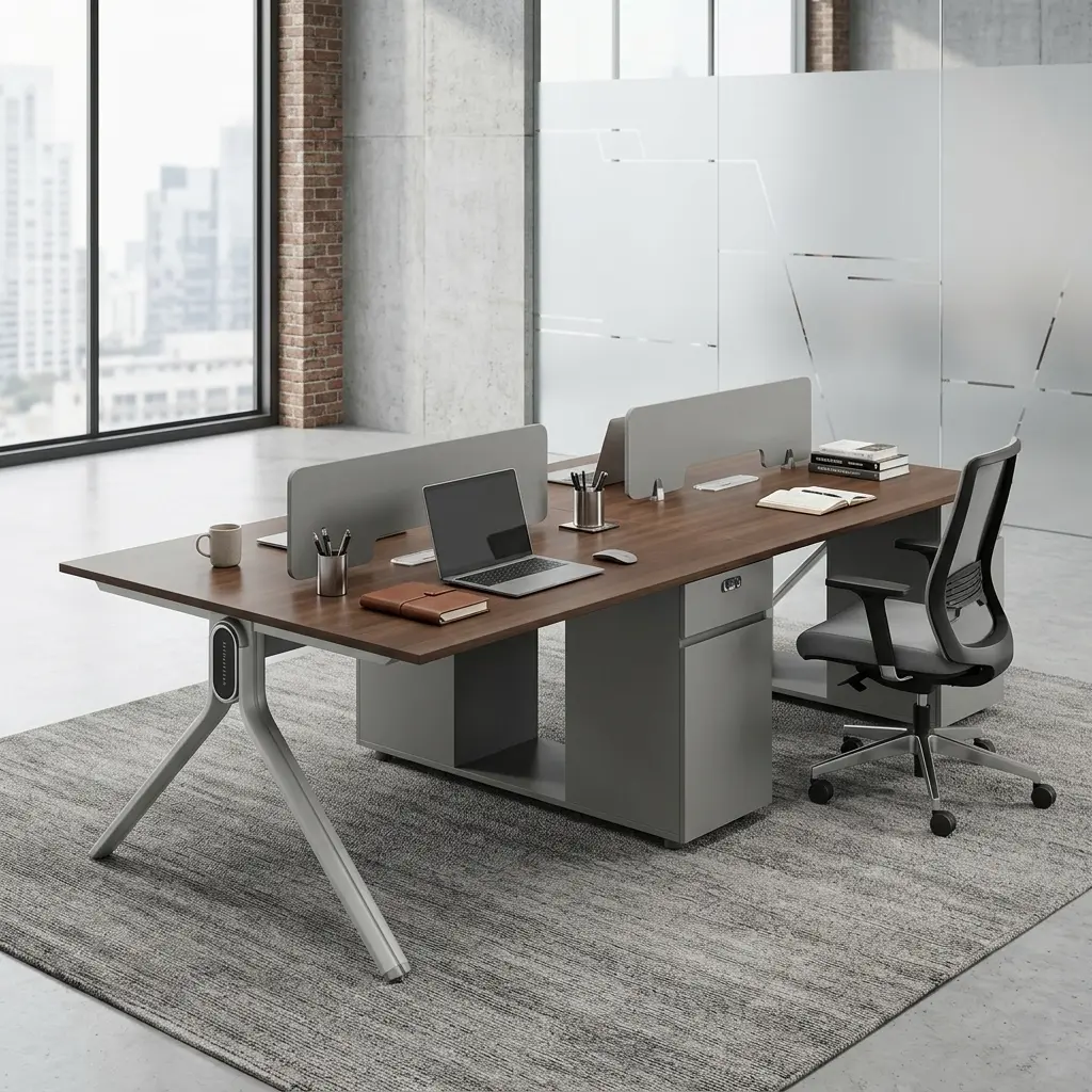 Modular 4-Person Office Workstation with walnut desktops, frosted privacy screens, and light grey under-desk drawers.