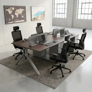 Modular 4-Person Office Workstation with walnut desktops, frosted privacy screens, and light grey under-desk drawers.