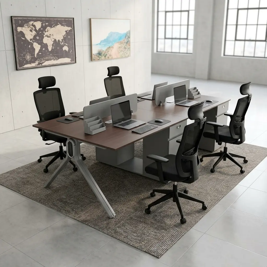 Modular 4-Person Office Workstation with walnut desktops, frosted privacy screens, and light grey under-desk drawers.