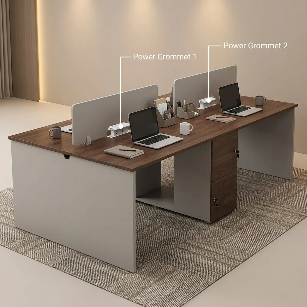 4-Way Staff Workstation with four work positions, wood-look desktops, privacy dividers, cable access and integrated lockable office storage.