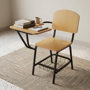 Light oak Student Chair with Writing Pad and built-in under-seat wire storage rack.