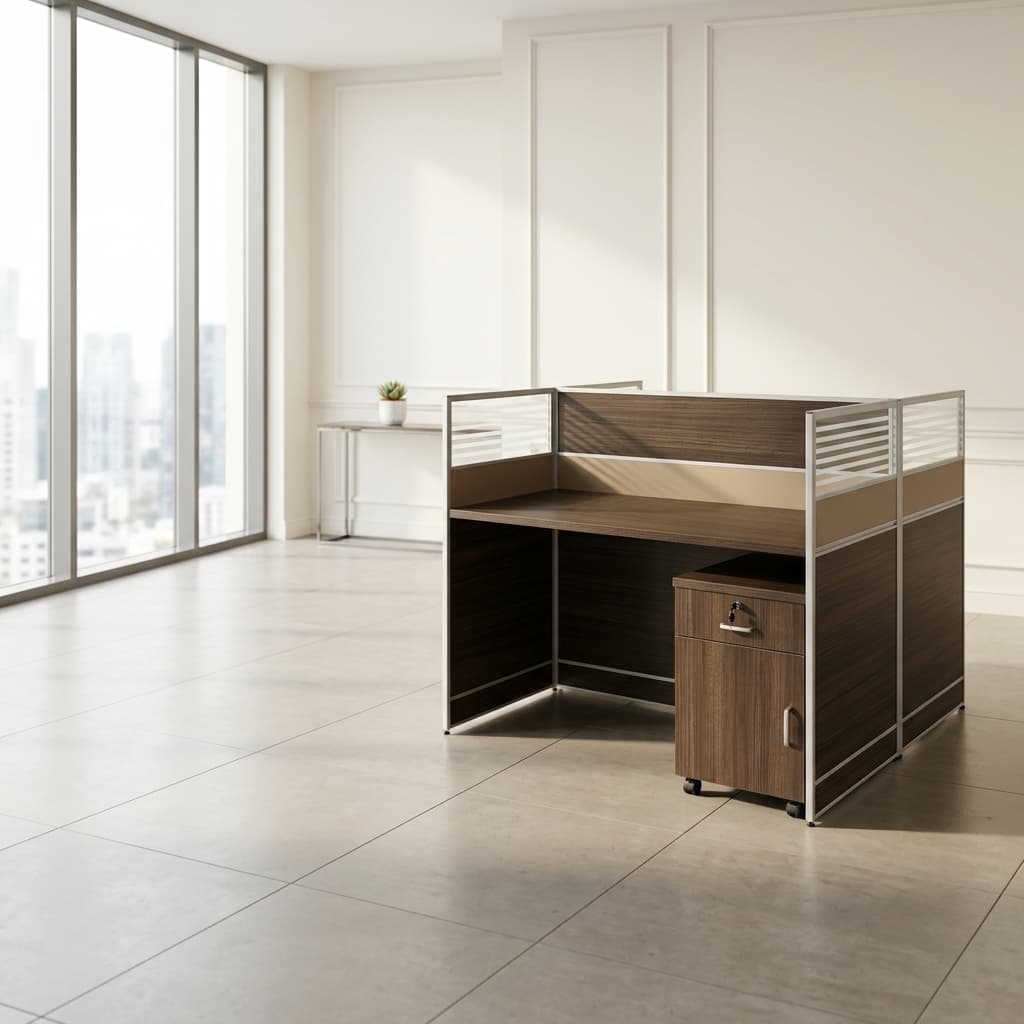 Brown 2-Way Staff Workstation with privacy panels and pedestal storage