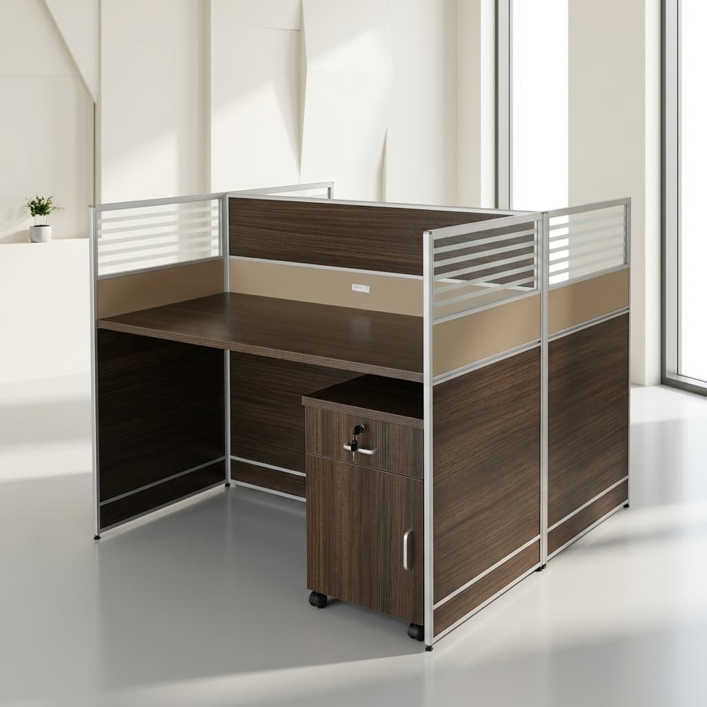 Brown 2-Way Staff Workstation with privacy panels and pedestal storage