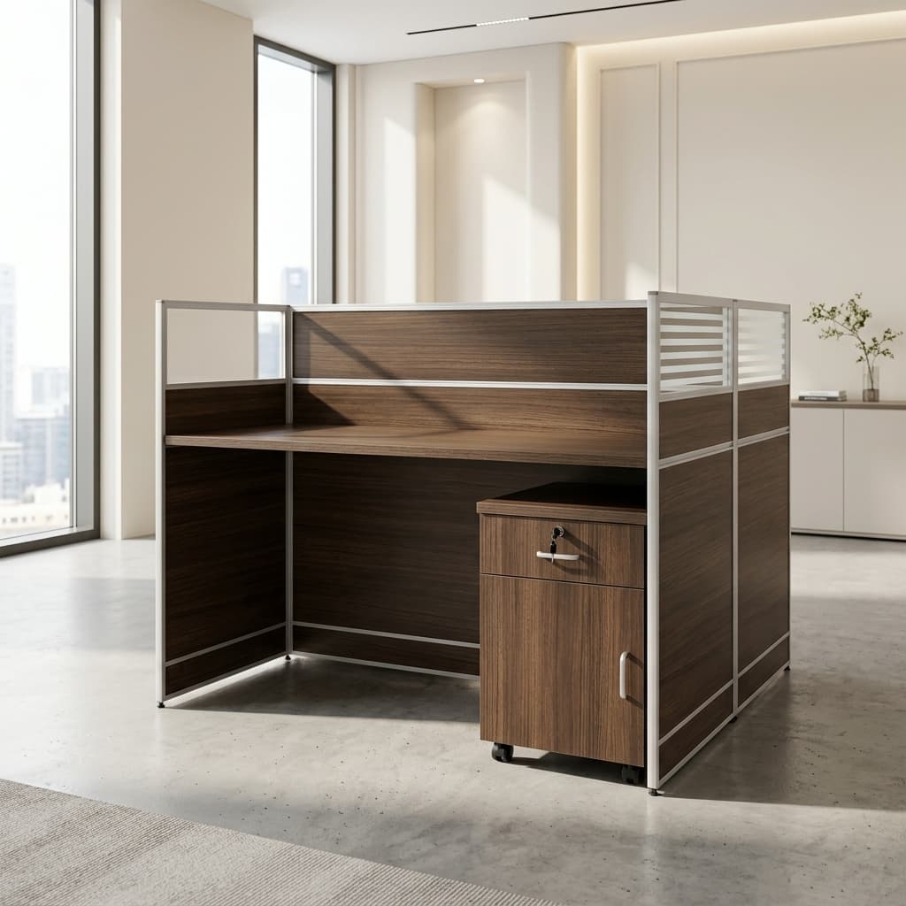 Brown 2-Way Staff Workstation with privacy panels and pedestal storage