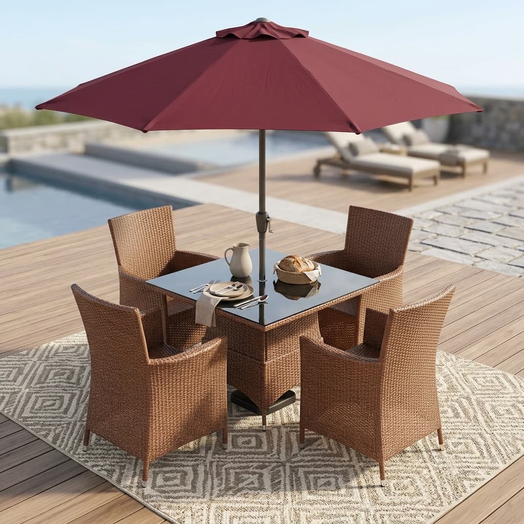 All-weather woven 4-Seater Outdoor Rattan Dining Set with glass-top table and maroon patio umbrella.