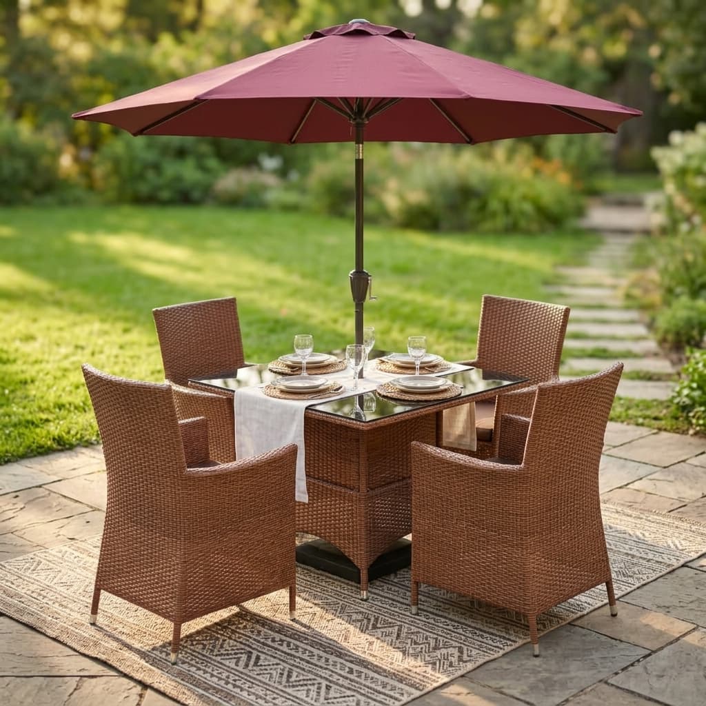 All-weather woven 4-Seater Outdoor Rattan Dining Set with glass-top table and maroon patio umbrella.