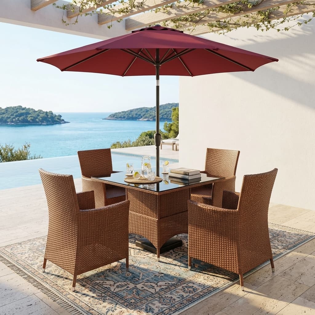 All-weather woven 4-Seater Outdoor Rattan Dining Set with glass-top table and maroon patio umbrella.