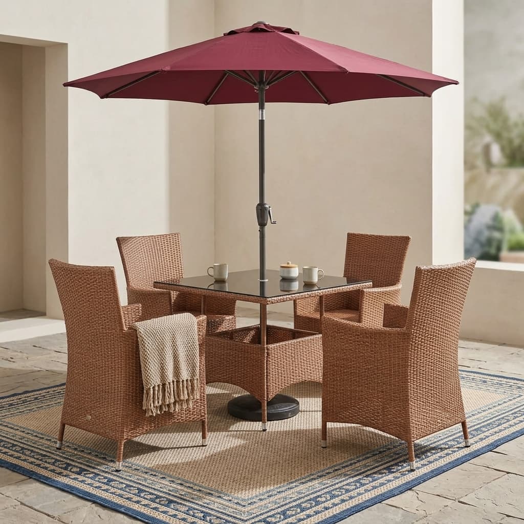 All-weather woven 4-Seater Outdoor Rattan Dining Set with glass-top table and maroon patio umbrella.