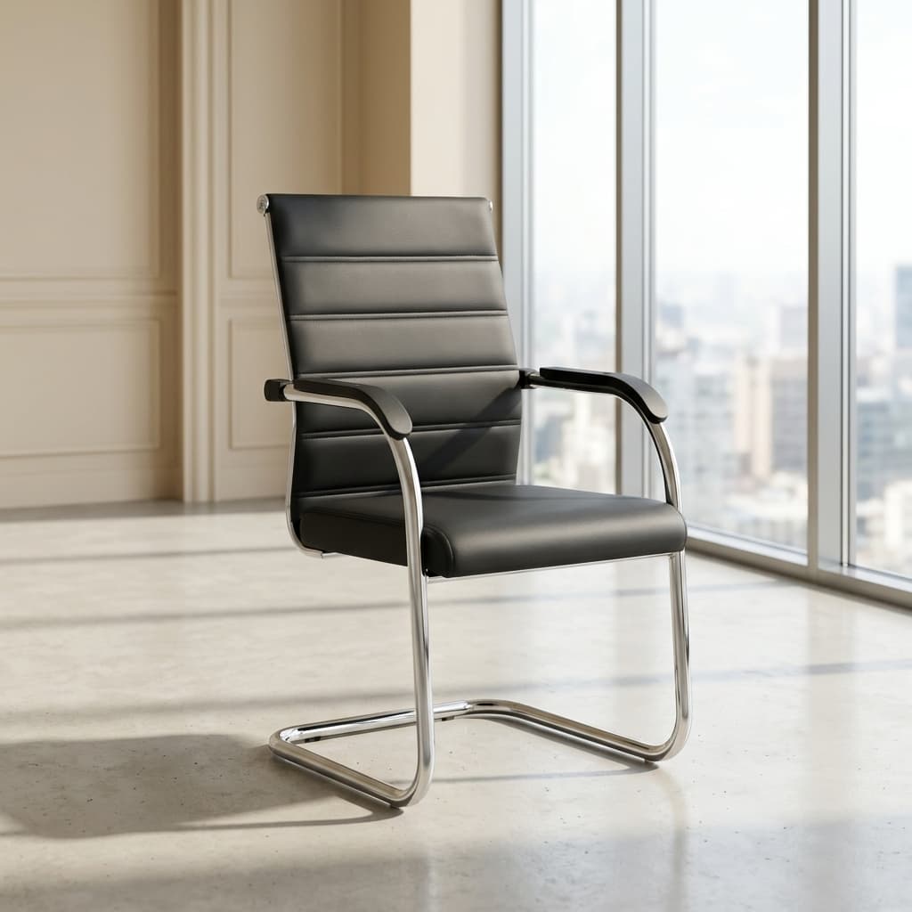 Black faux leather visitor chair with chrome cantilever frame