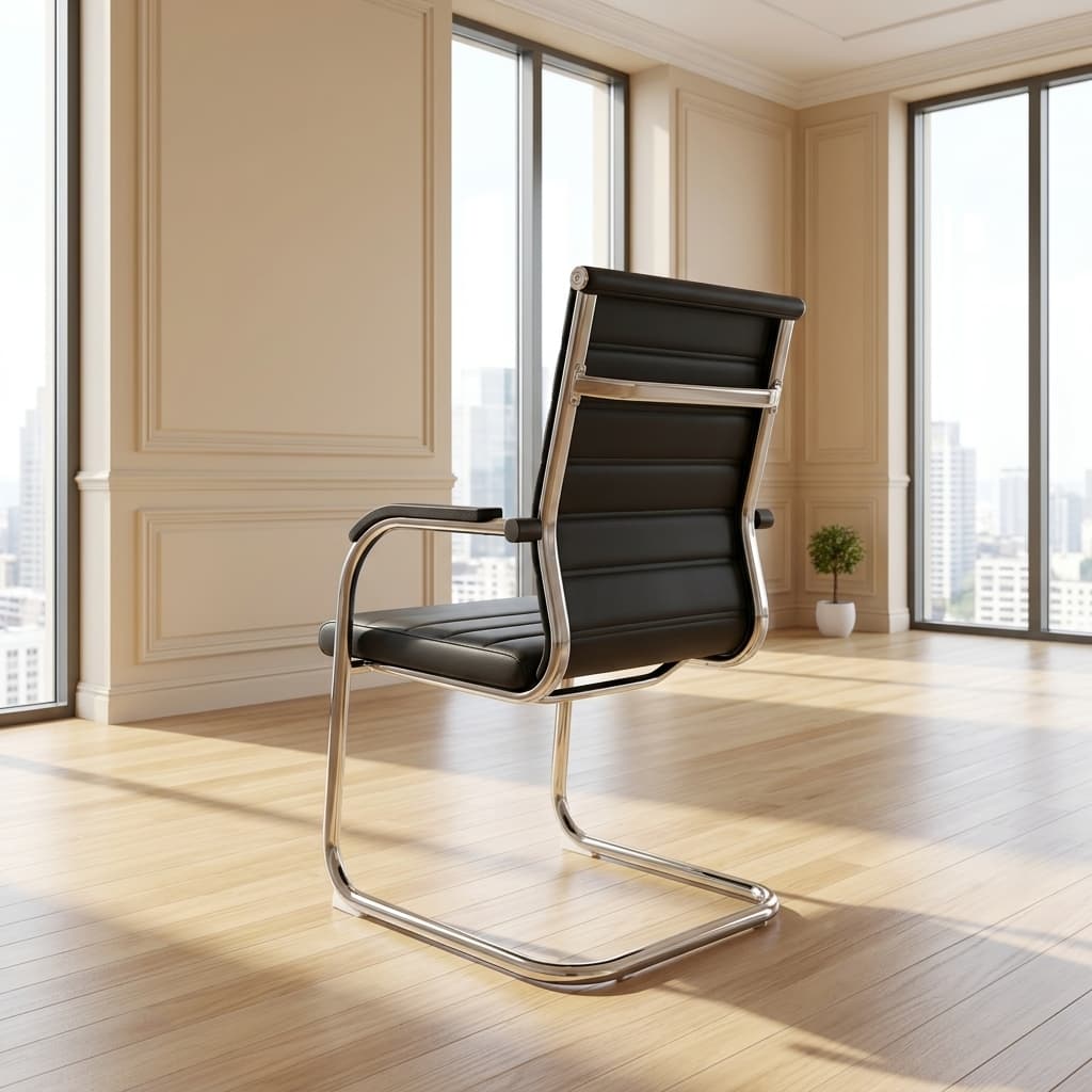 Black faux leather visitor chair with chrome cantilever frame