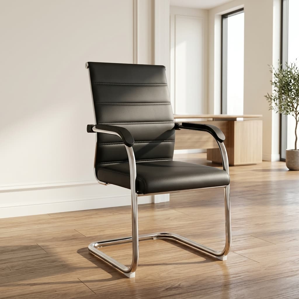 Black faux leather visitor chair with chrome cantilever frame