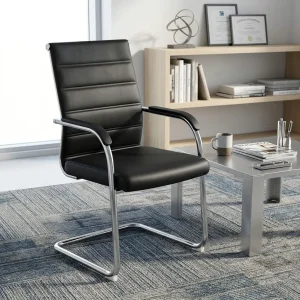 Ribbed black Faux Leather Visitor Chair with a modern chrome cantilever base.