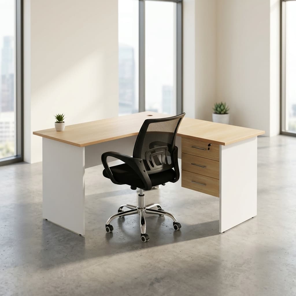 1.2M beech curved office desk with lockable three-drawer pedestal
