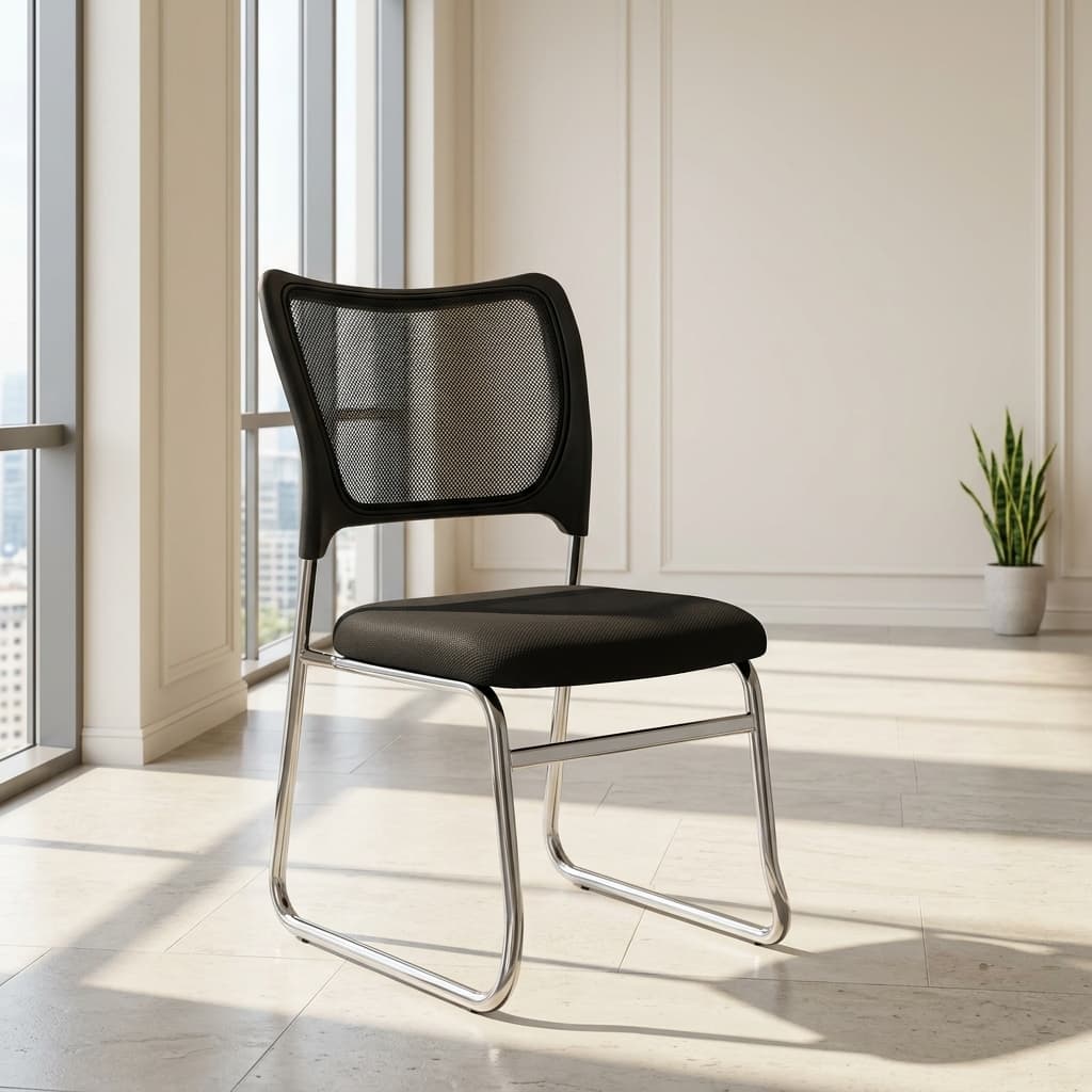 Ergonomic chair without arms with mesh back and chrome sled base