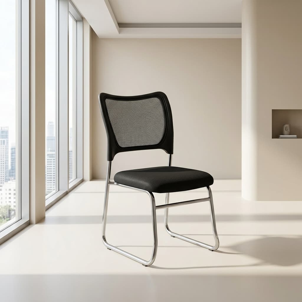 Ergonomic chair without arms with mesh back and chrome sled base