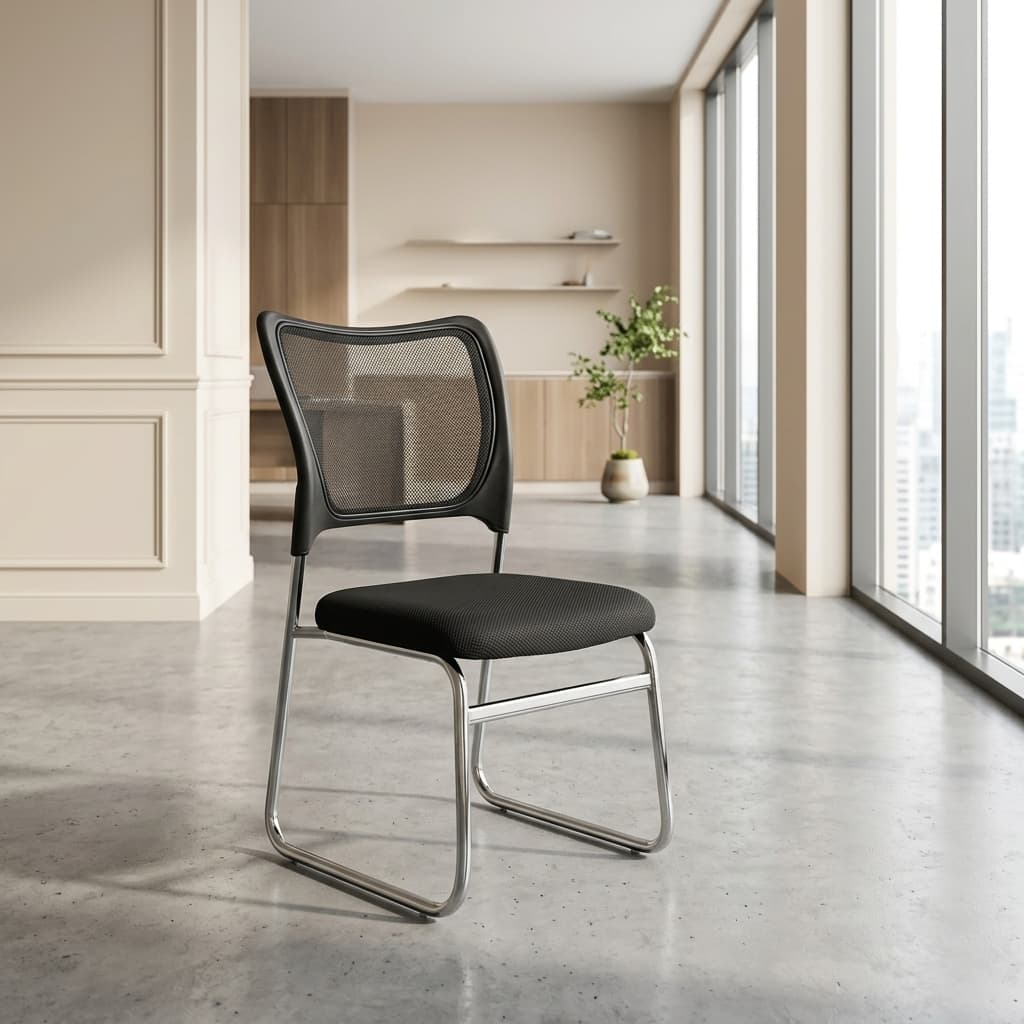 Ergonomic chair without arms with mesh back and chrome sled base