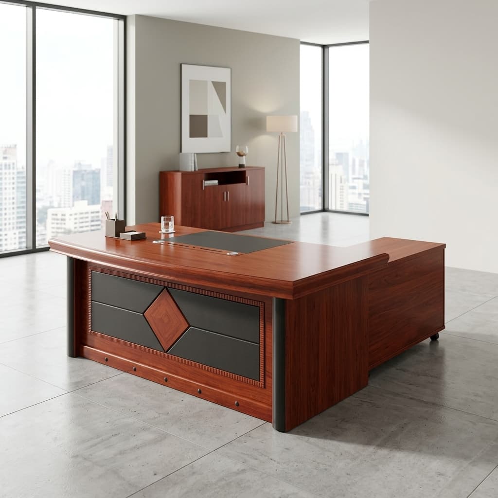 1.6M Director Office Desk in mahogany finish with side return