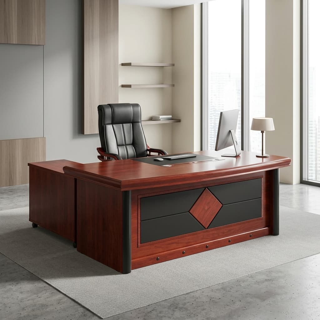 1.6M Director Office Desk in mahogany finish with side return