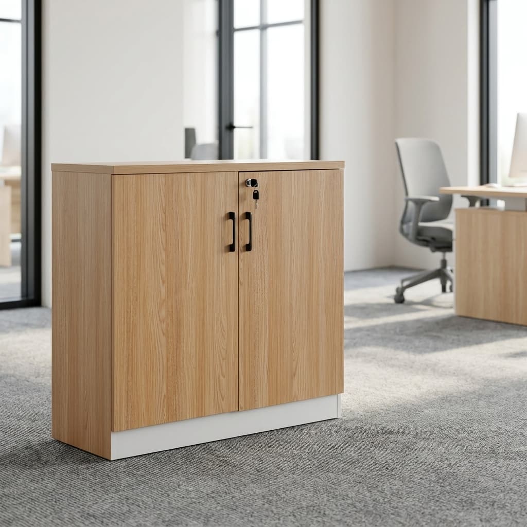 Wooden Office Credenza with two lockable doors and black handles
