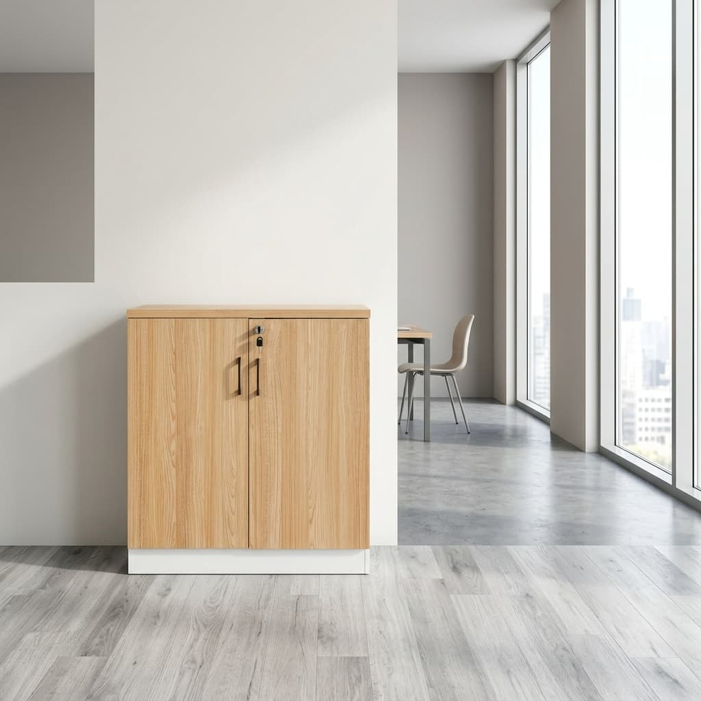 Wooden Office Credenza with two lockable doors and black handles