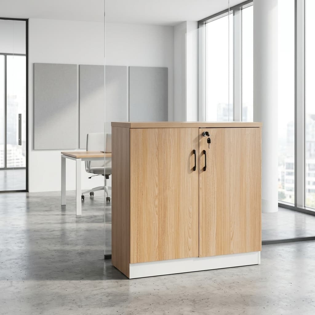 Wooden Office Credenza with two lockable doors and black handles