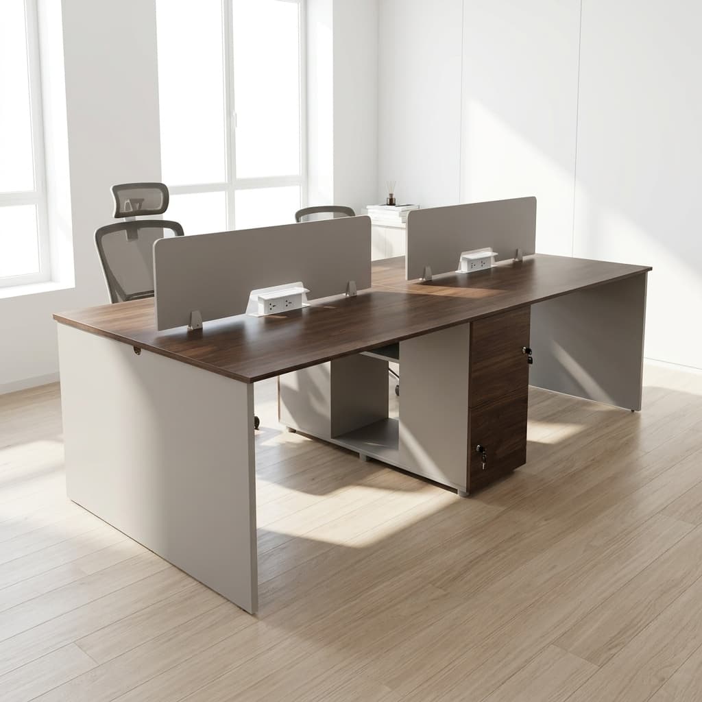 4-Way Staff Workstation with privacy dividers and integrated power modules