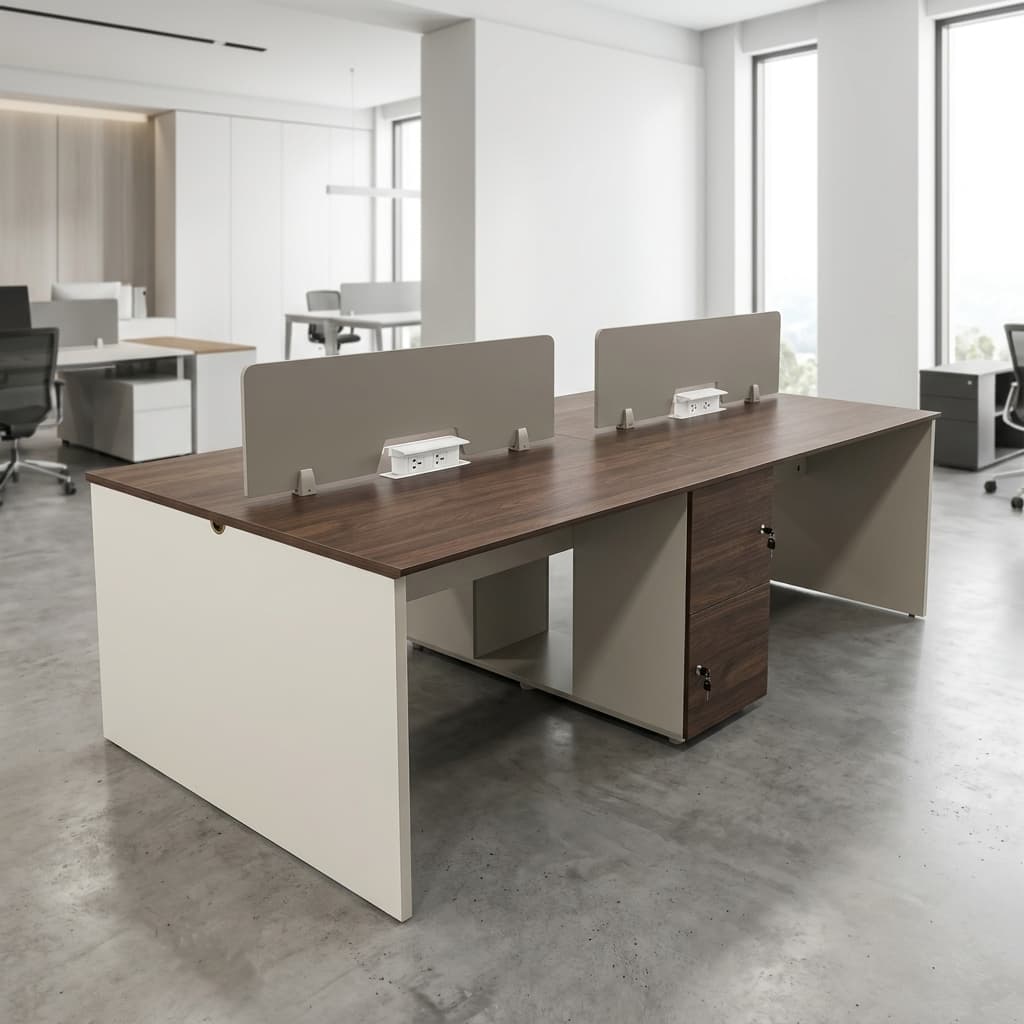 4-Way Staff Workstation with privacy dividers and integrated power modules