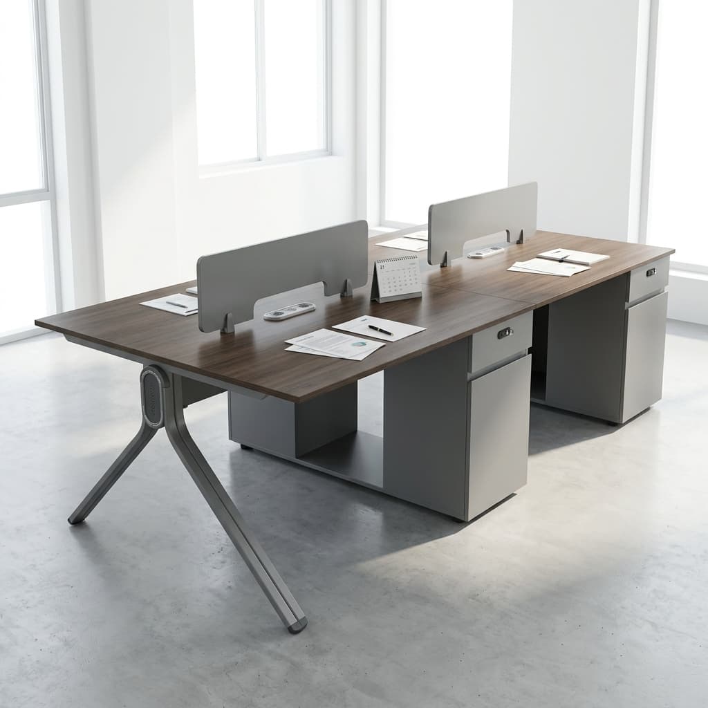 4-Person Office Workstation with privacy screens and lockable central pedestal