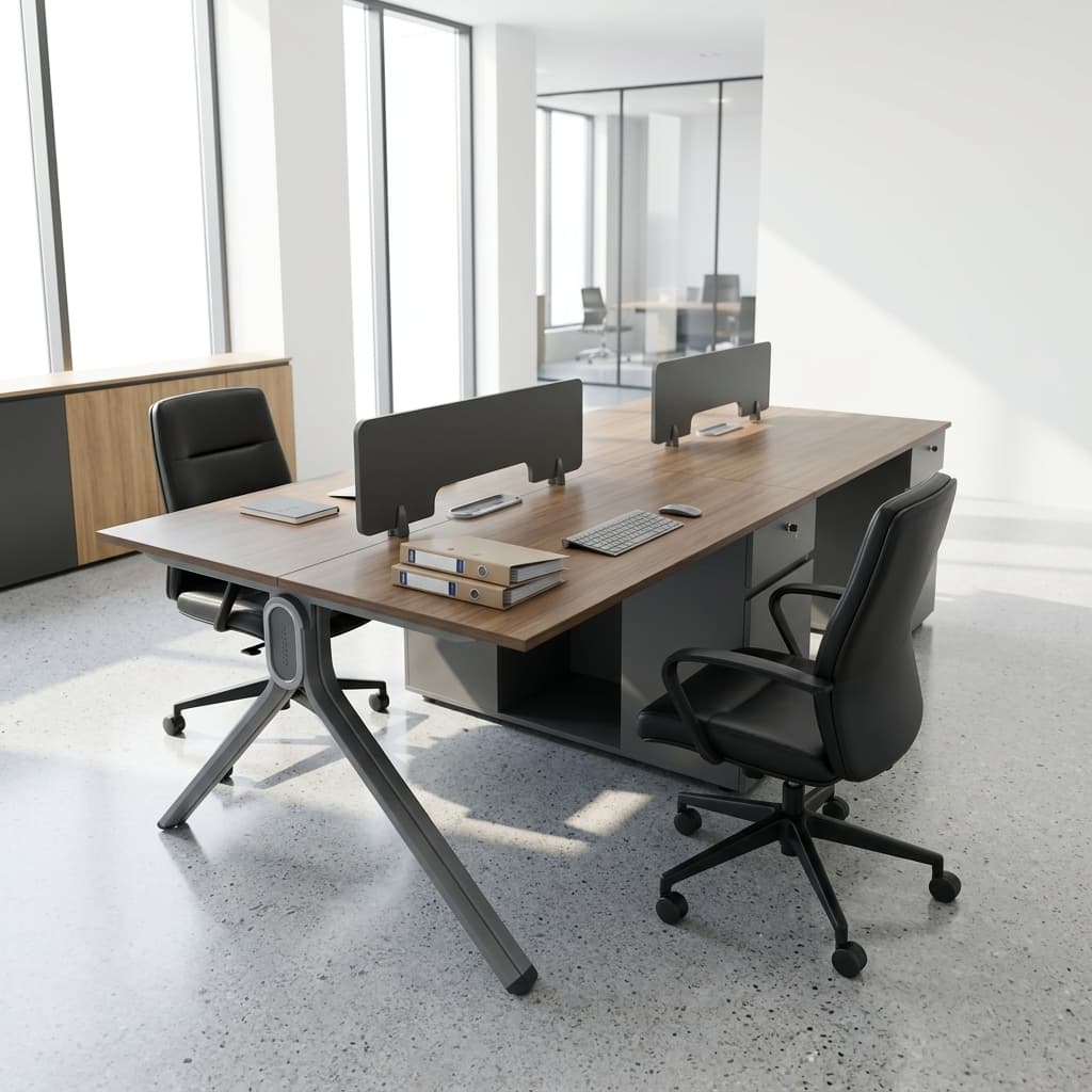 4-Person Office Workstation with privacy screens and lockable central pedestal
