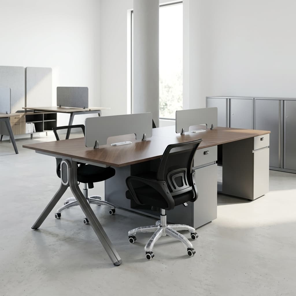 4-Person Office Workstation with privacy screens and lockable central pedestal