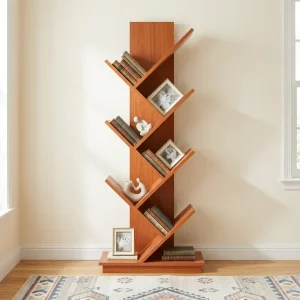 Geometric mahogany finish Tree Style Book Rack holding stacked books and office decorative accessories.