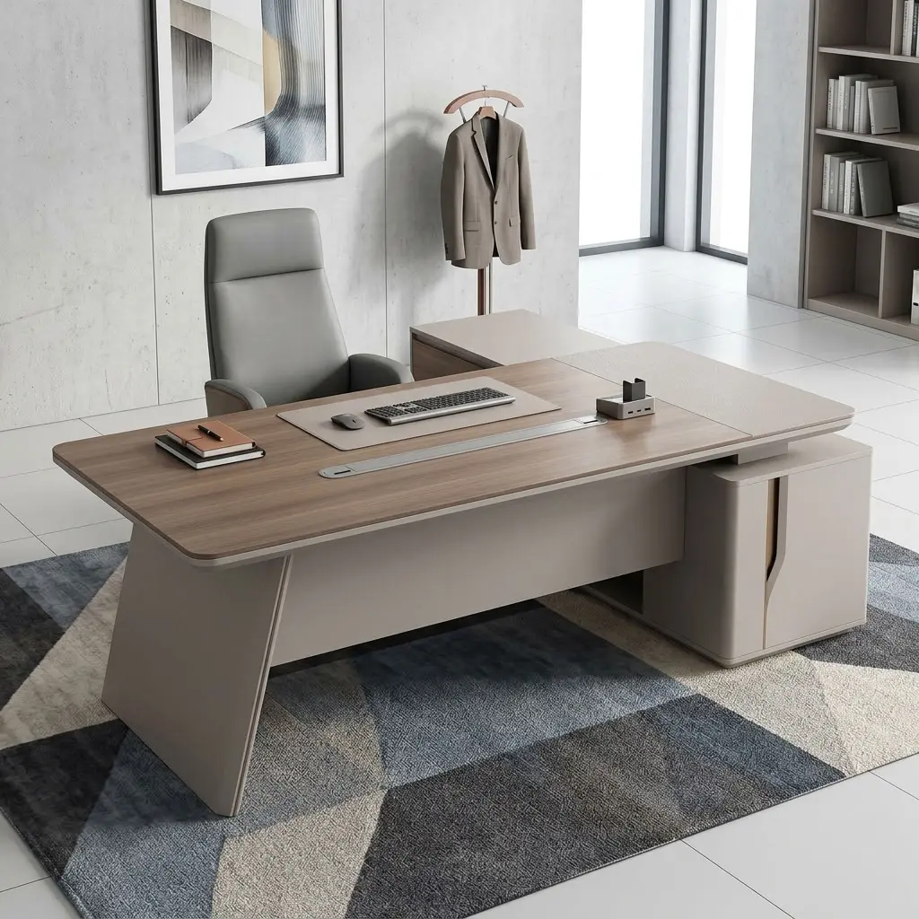 2.4M Executive Director Desk with spacious wood-look desktop, light contrasting panels, side storage, cable access and modern executive design.