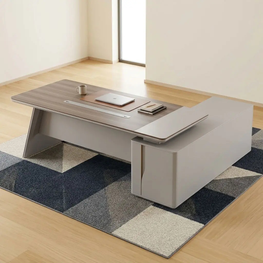 2.4M Executive Director Desk with spacious wood-look desktop, light contrasting panels, side storage, cable access and modern executive design.