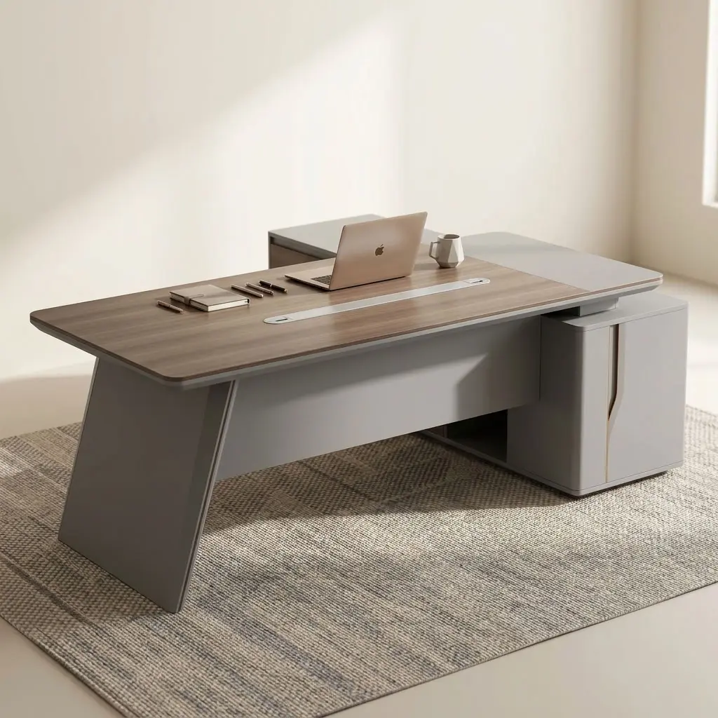 2.4M Executive Director Desk with spacious wood-look desktop, light contrasting panels, side storage, cable access and modern executive design.