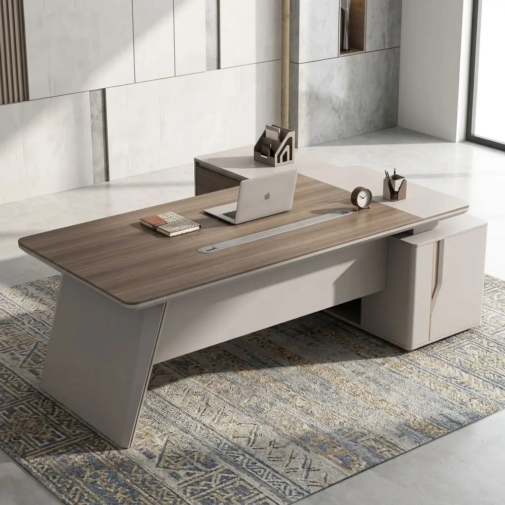 2.4M Executive Director Desk with spacious wood-look desktop, light contrasting panels, side storage, cable access and modern executive design.