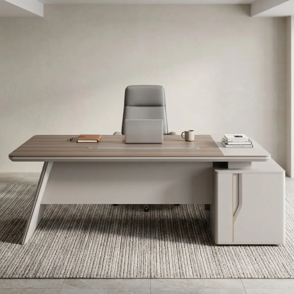 2.4M Executive Director Desk with spacious wood-look desktop, light contrasting panels, side storage, cable access and modern executive design.