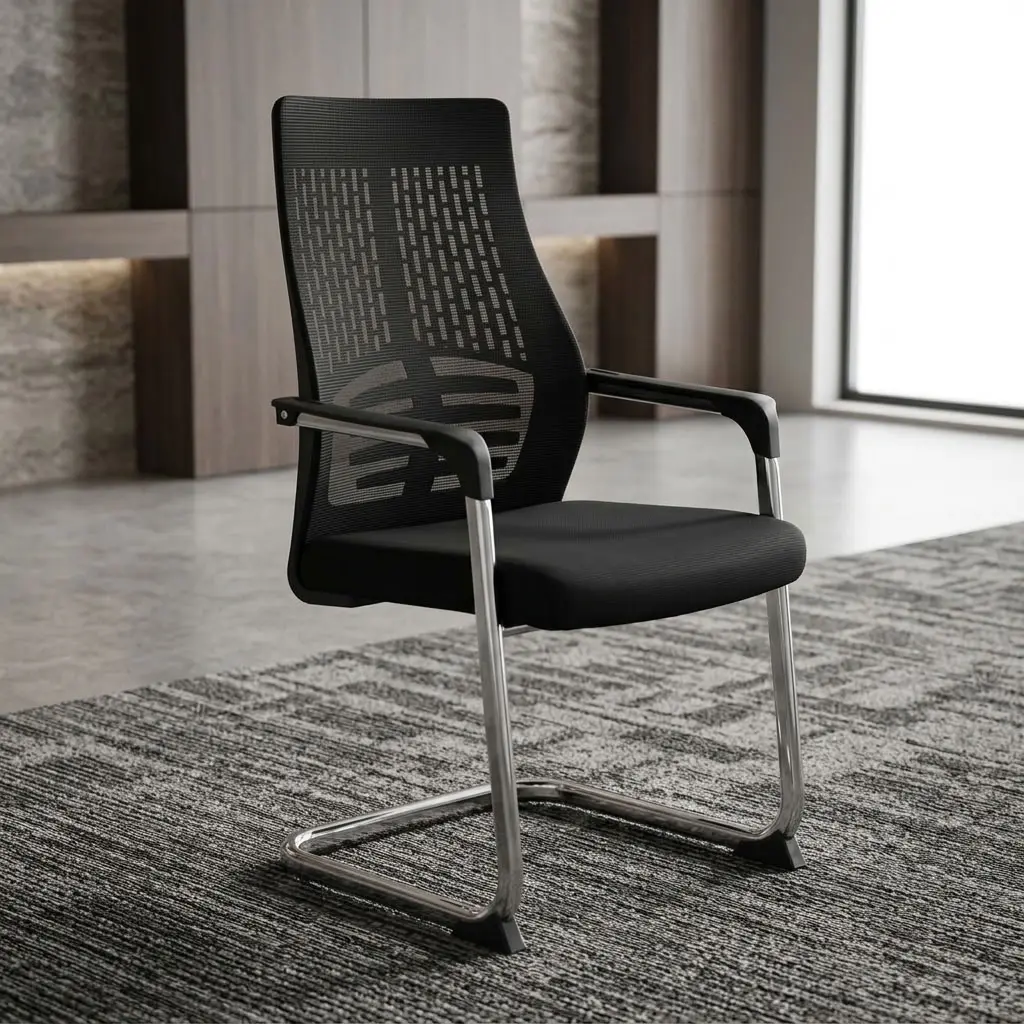 Mesh Boardroom Chair with black high mesh backrest, lower-back support, padded seat, armrests and polished cantilever-style metal frame.