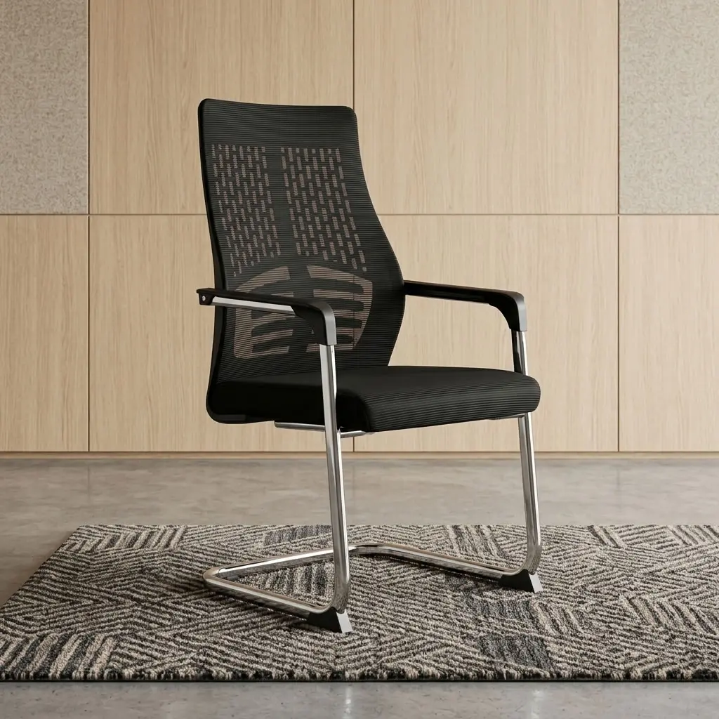 Mesh Boardroom Chair with black high mesh backrest, lower-back support, padded seat, armrests and polished cantilever-style metal frame.