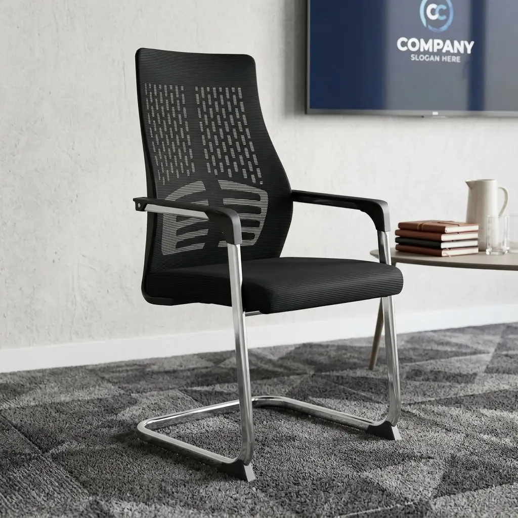 Mesh Boardroom Chair with black high mesh backrest, lower-back support, padded seat, armrests and polished cantilever-style metal frame.