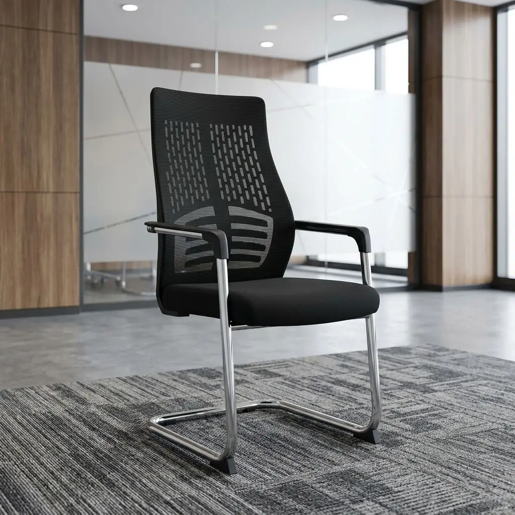 Mesh Boardroom Chair with black high mesh backrest, lower-back support, padded seat, armrests and polished cantilever-style metal frame.