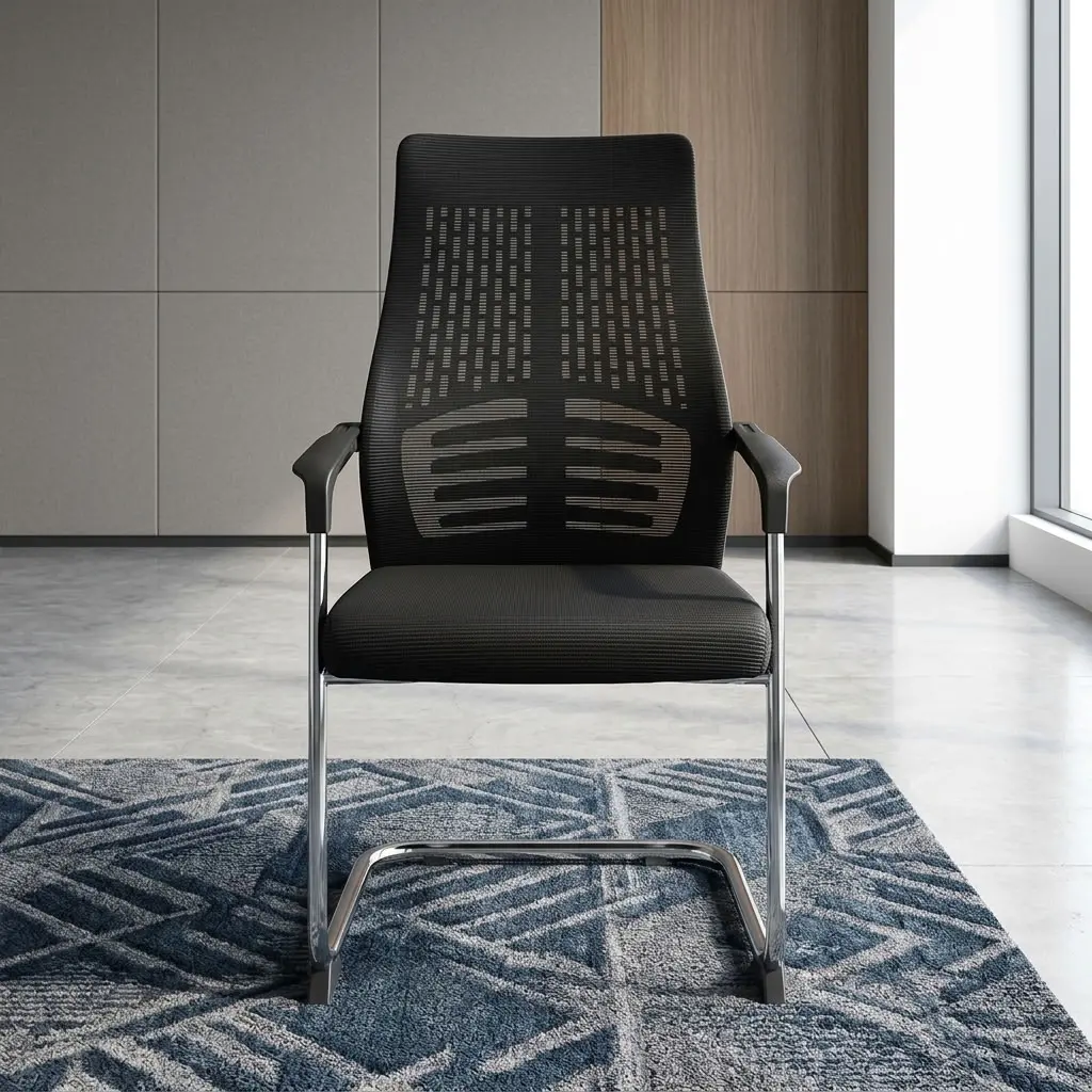 Mesh Boardroom Chair with black high mesh backrest, lower-back support, padded seat, armrests and polished cantilever-style metal frame.
