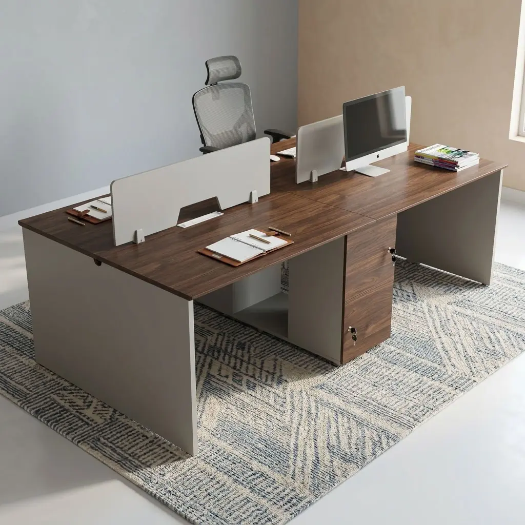 4-Way Staff Workstation with four work positions, wood-look desktops, privacy dividers, cable access and integrated lockable office storage.